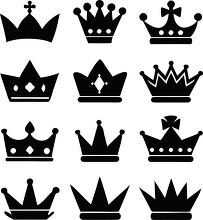 Black and white vector clipart of various crowns