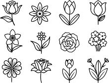 Black outline icons of various flowers