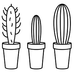 black outline of Three Unique Potted Cacti