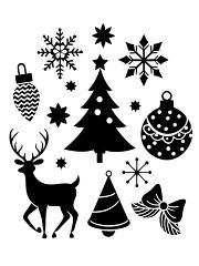 black silhouettes of Christmas symbols including a tree reindeer