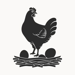 black solid icon of a hen standing over a nest of eggs