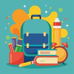 blue backpack clipart surrounded by various school items