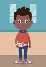 boy holding a tray with a sandwich and cupcake