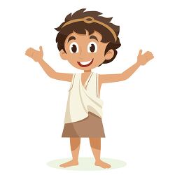 boy in ancient greek attire with arms outstretched
