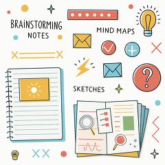 Creative illustration of brainstorming tools, including notes, mind maps, sketches, and envelopes for organizing ideas