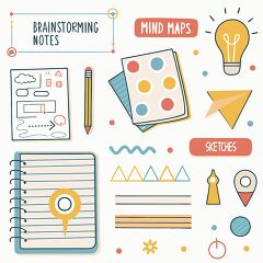 Illustration of brainstorming tools with notes, sketches, mind maps, and a lightbulb