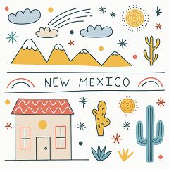 New Mexico clipart featuring colorful mountains, playful suns, and cheerful clouds. Cacti, a charming house, and abstract stars create a joyful atmosphere, embodying the spirit of the desert. Ideal for anyone who loves Southwestern charm and creativity.