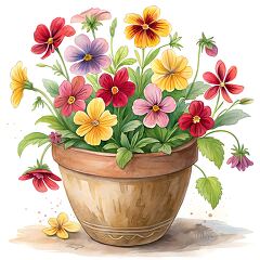 Spring flowers in a clay pot featuring pink, red, and yellow blossoms with green leaves