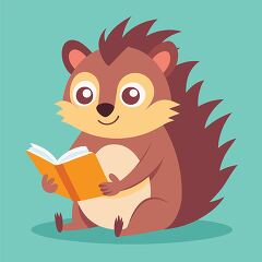 brown hedgehog sits holding an open book and looks focused on re