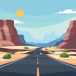 car driving on a desert road with towering rock formations