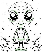 Cartoon alien character in a striped spacesuit on a space backgr