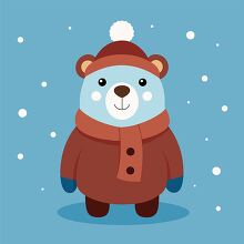 cartoon bear is bundled up in a red winter hat and scarf