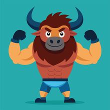 cartoon buffalo with showing off his strength with bulging muscles