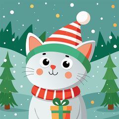 Cartoon Christmas cat with rosy cheeks and a holiday outfit