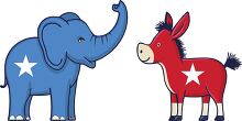 cartoon Democratic donkey and a blue Republican elephant