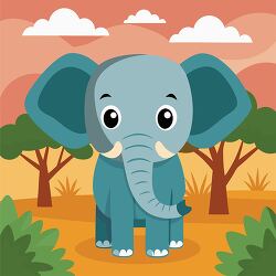 cartoon elephant standing in an African savanna landscape