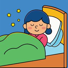 cartoon girl sleeps comfortably under a green blanket