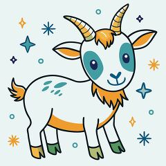 cartoon goat with orange and teal accents and friendly eyes