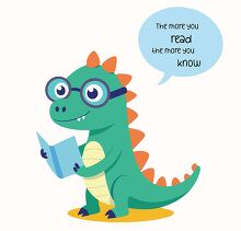 cartoon green dinosaur reads a book with a thought bubble text