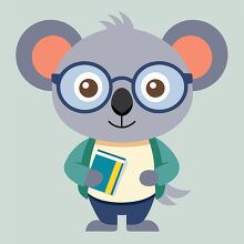 cartoon koala character with glasses holding a book