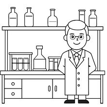 Cartoon scientist in a white lab coat surrounded by lab glasswar