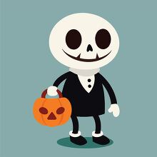 cartoon skeleton holding a pumpkin shaped basket