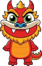 cartoon style chinese red dragon with bright green eyes