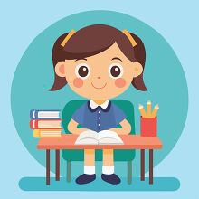 cartoon style girl sits at a school desk