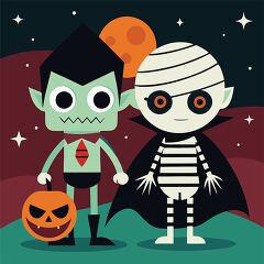 cartoon vampire and mummy duo ready for Halloween with a pumpkin