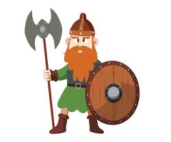 cartoon viking warrior holding an axe and shield clipart