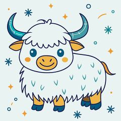 cartoon yak has a happy face and thick fur