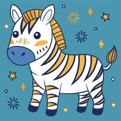 cartoon zebra has a friendly face and colorful stripes