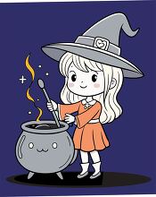 cat and witch stirs a bubbling cauldron