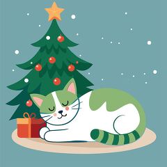 cat asleep beside a Christmas tree and wrapped presents