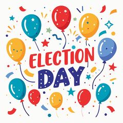 celebratory Election Day graphic with floating balloons and scat