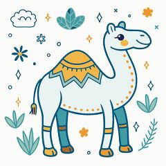 cheerful camel with decorative patterns on its back stands surro