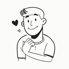 cheerful cartoon man showing warmth with his hand over his chest