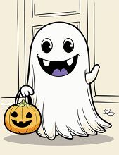 cheerful ghost holding a pumpkin bag standing at a front door