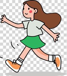 cheerful girl with long brown hair walking energetically