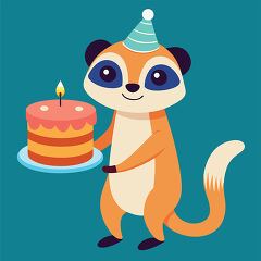 cheerful meerkat with dark eye markings holds a layered cake wit