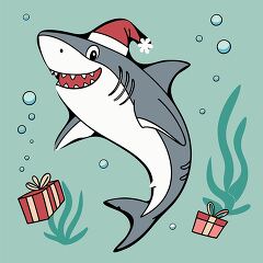 cheerful shark wearing a Santa hat swims underwater with bubbles