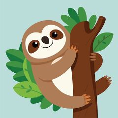 cheerful sloth holds onto a tree trunk surrounded by lush green 