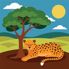 cheetah is seen relaxing under a tree with the bright sun overhe