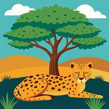 cheetah rests peacefully under a large tree in the savannah