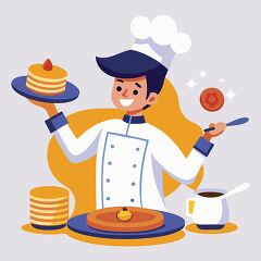 A smiling chef flipping pancakes on a plate, surrounded by syrup and breakfast accessories