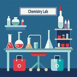 Chemistry Classroom Table with  Lab Glassware and Chemicals