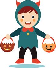 child dressed as a playful character holding two pumpkin baskets