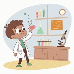 child in a lab coat holds a beaker of liquid in a science lab