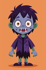 child in a vampire costume with a purple complexion wide orange eyes 