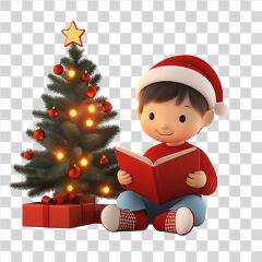 Child Reading a Book Near a Decorated Christmas Tree